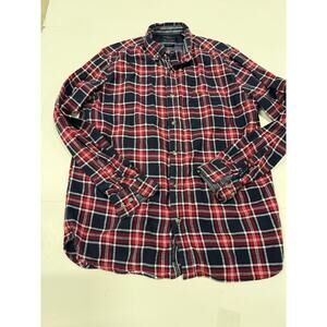 Denim & Flower Shirt Mens XLarge Blue Red Plaid Flannel Button Up Casual